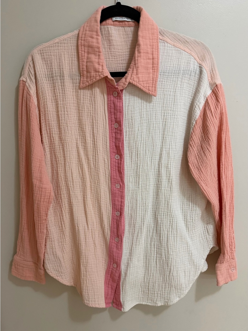 Staccato Colorblock Gauze Button Down Shirt Pink White Medium M